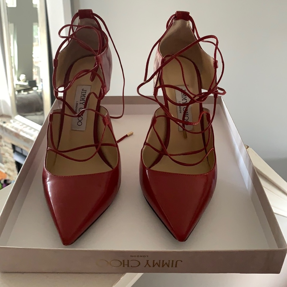 Beautiful red strapped Choo heels